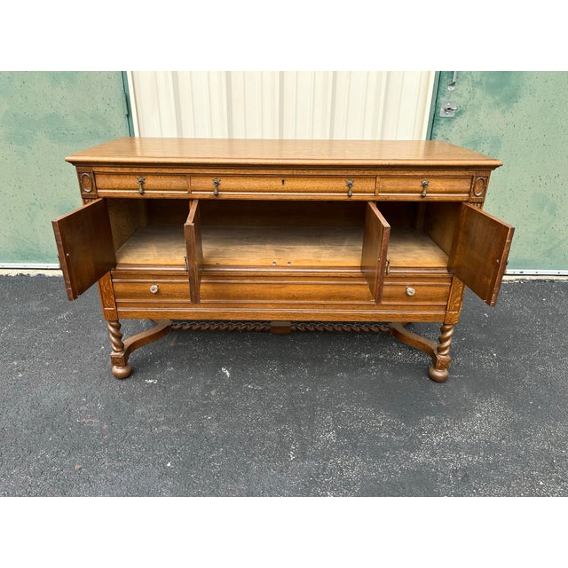 Brown Antique Victorian Quartersawn Oak Barley Twist Sideboard Buffet For Sale - Image 8 of 12