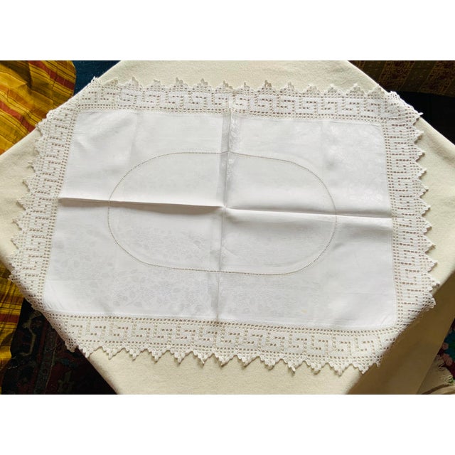 Antique Linen Tea Cloth With Greek Key Lace Border & Woven Medallion Center — Early 20th C. For Sale - Image 9 of 18