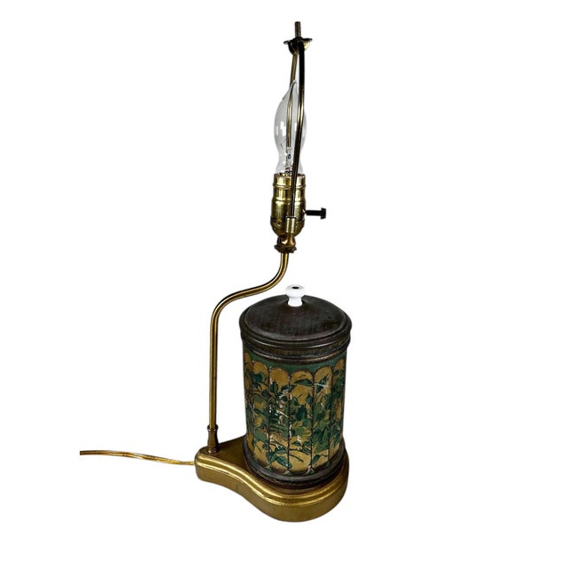 Late 19th Century English Green Tole Tea Canister Lamp on Custom Stand For Sale - Image 4 of 8