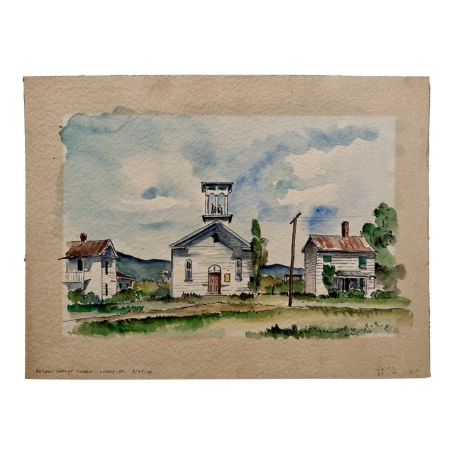 Henry Emil Salloch Original Watercolor on Paper Bethel Baptist Church, Luray Va. 1957. For Sale