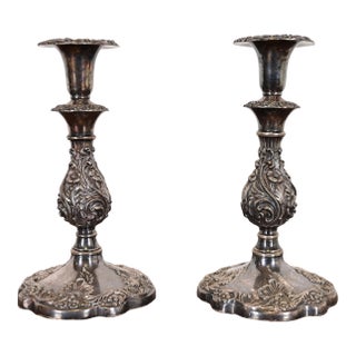 Sheffield Victorian Ornate Silverplate Candlesticks, Pair For Sale
