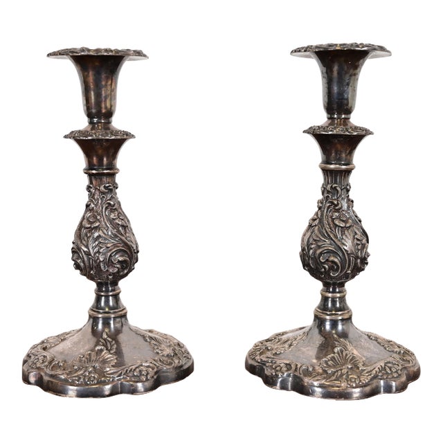 Sheffield Victorian Ornate Silverplate Candlesticks, Pair For Sale