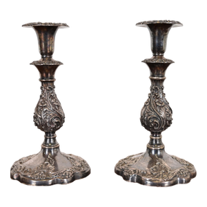 Sheffield Victorian Ornate Silverplate Candlesticks, Pair