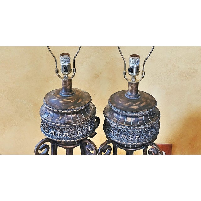 Pair of Ornate Bronze Table Lamps With Scrollwork Base and Bell Shades by Anthony California For Sale - Image 9 of 12