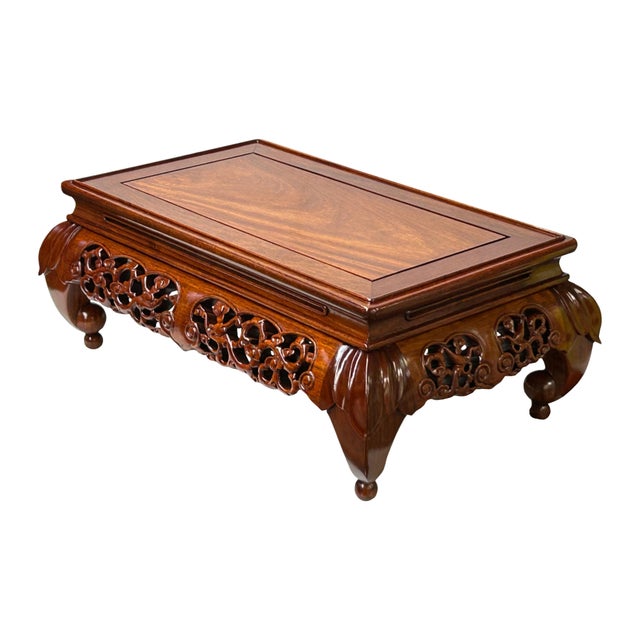 1980s Oriental Brown Stain Flower Carving Rectangular Display Easel Stand For Sale - Image 5 of 12