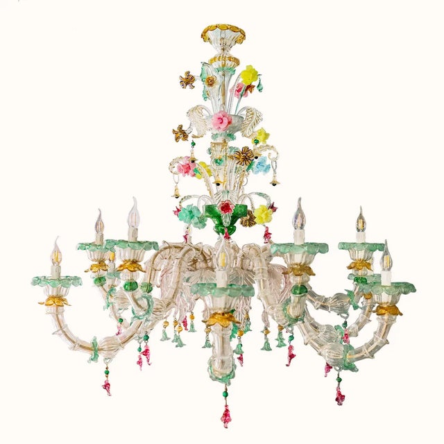 Vintage Venetian Murano Hand Crafted Green Glass and Flowers Chandelier, 1960s For Sale - Image 9 of 9