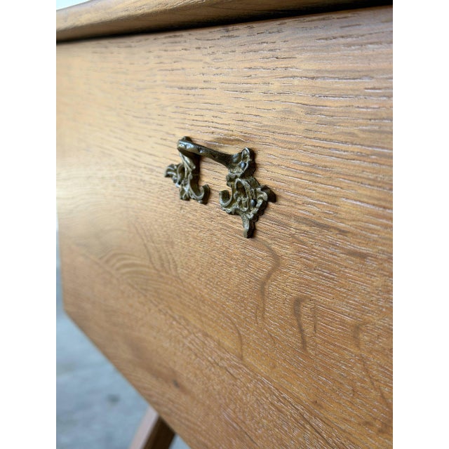 Oak Sewing Table With X-Frame Legs and Built-in Storage Vintage Mid-Century Modern 1960s For Sale In Los Angeles - Image 6 of 12