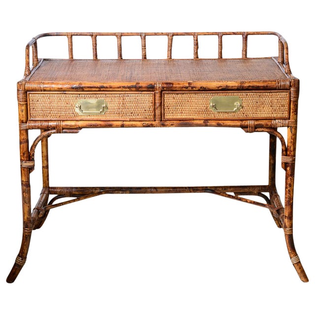 Bamboo Campaign Writing Desk With Gallery And Grasscloth Top