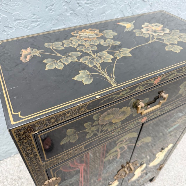 Vintage Chinese Black Lacquered Hand Painted Cabinet For Sale - Image 9 of 11