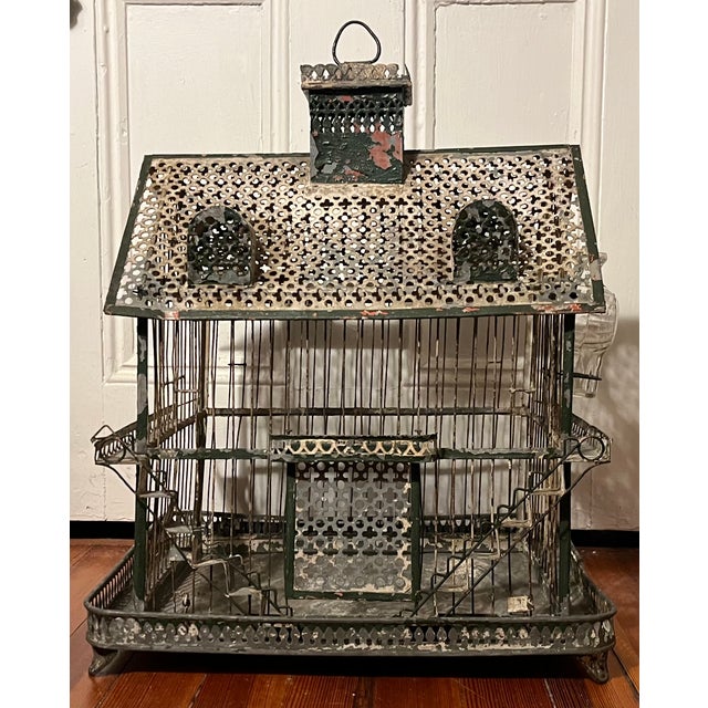 Victorian Antique 19th Century French Tole & Wire Victorian House Form Bird Cage For Sale - Image 3 of 15