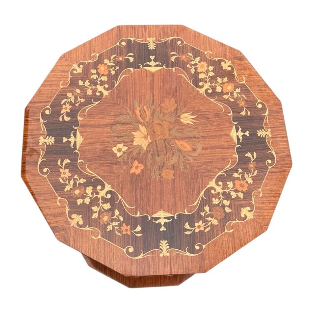 Antique Inlaid Mahogany Octagon Two‑Tier Side Table — Floral Marquetry For Sale - Image 4 of 12