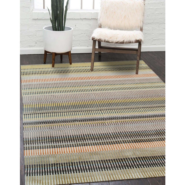 6x9 Louie Ophelia Beige Stripe Modern Handmade Wool Carpet Rug For Sale In New York - Image 6 of 8