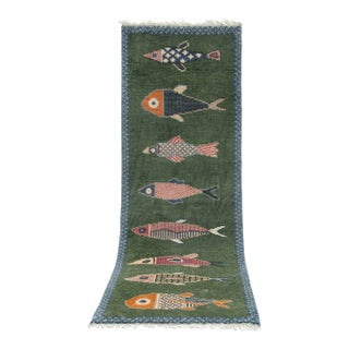 Koi Fish Olive Green Hand Knotted Runner Rug 2.6x12Ft. For Sale