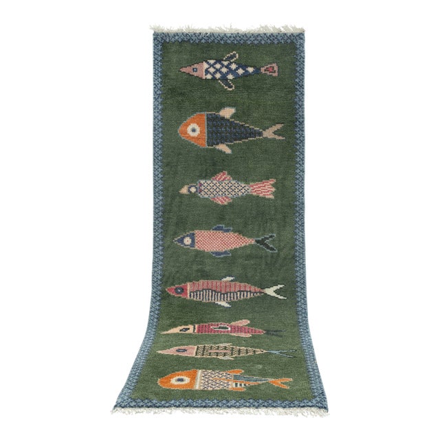 Koi Fish Olive Green Hand Knotted Runner Rug 2.6x12Ft. For Sale