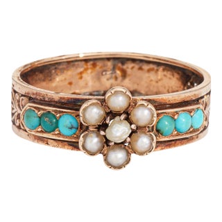 Late 18th Century Antique Victorian Ring Turquoise Seed Pearls Vintage 14k Rose Gold Band Sz 7 For Sale