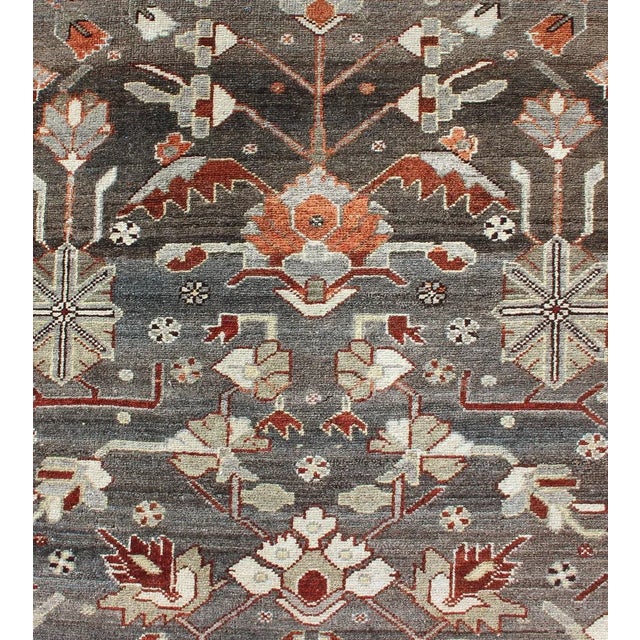Textile Red and Charcoal Antique Hand Knotted Persian Hamedan Runner With All-Over Floral Design For Sale - Image 7 of 12