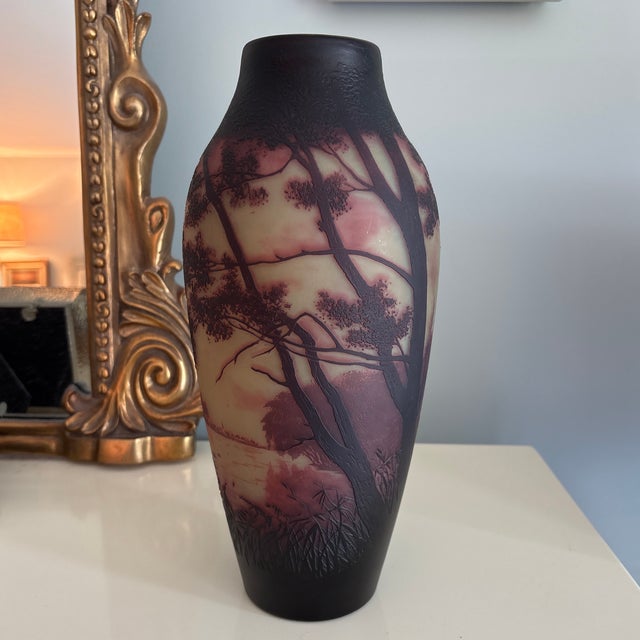 A large acid-etched cameo Art Noveau red and yellow art glass scenic vase by Paul Nicolas D' Argental (1875 - 1952,...