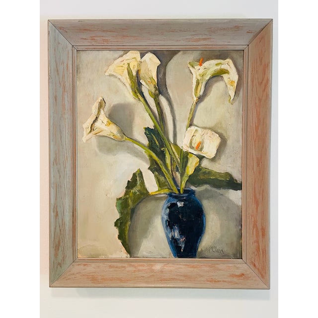 1950s Helen McClain Ojai California Still Life Calla Lily in Blue Pot Oil on Canvas Panel For Sale - Image 9 of 9