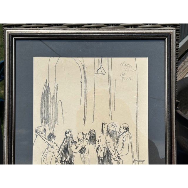 Tourists at Chartres Charming original artisan graphite drawing on paper in gallery style frame. Artist signed and dated -...