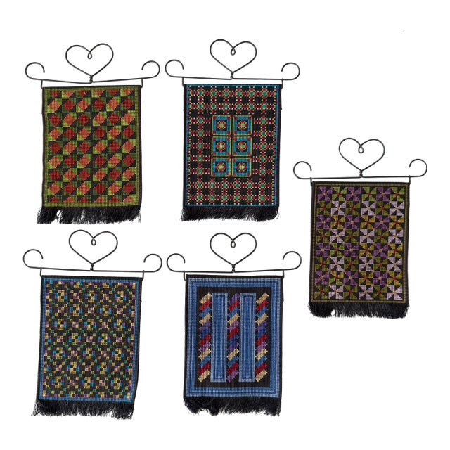 Mid 20th Century Small Amish Geometric Pattern Petite Hanging Needlepoints- Set of 5 For Sale