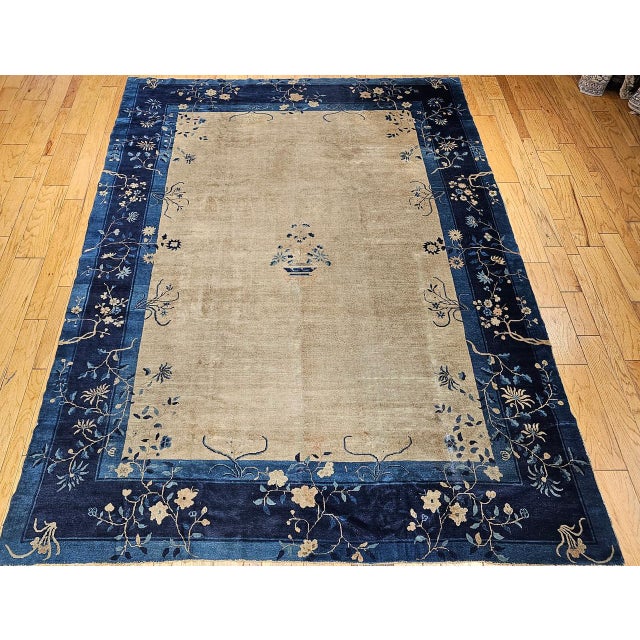 Antique Chinese Peking Rug, Wool Pile, Tan Field, Navy Border, 9' x 12' For Sale - Image 9 of 17