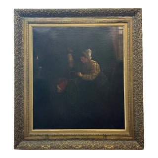 19th C. Interior of Woman at Spinning Wheel For Sale
