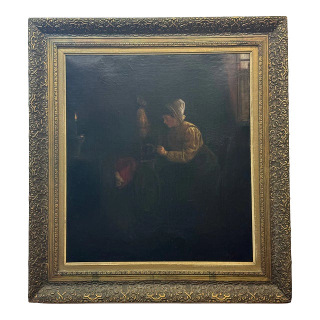 19th C. Interior of Woman at Spinning Wheel For Sale