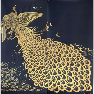 Hand-Painted Phoenix Wallpaper Panel in Empire Blue & Gold | Chinoiserie Wall Art - 2 Panels For Sale
