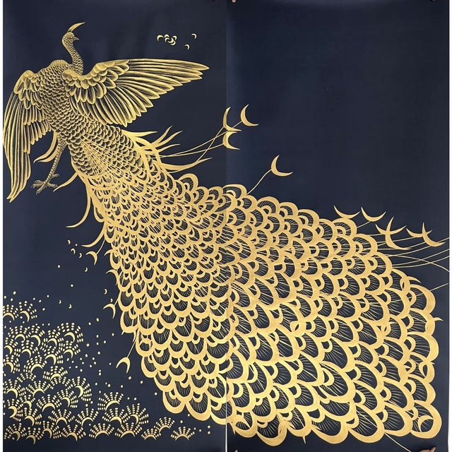 Hand-Painted Phoenix Wallpaper Panel in Empire Blue & Gold | Chinoiserie Wall Art - 2 Panels For Sale