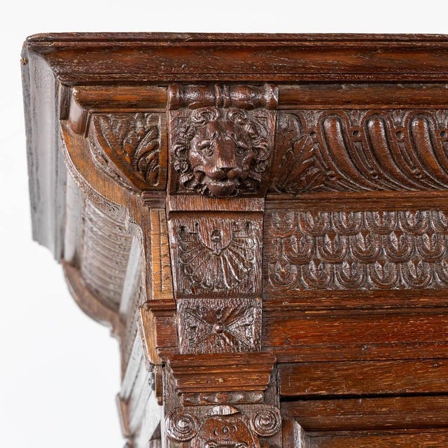 Monumental 17th Century Richly Ornamented and Coffered Flemish Oak Cabinet For Sale - Image 9 of 12