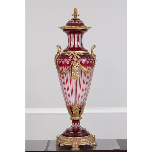 Pair Palatial Bohemian Cut to Clear Crystal Bronze Urns For Sale - Image 4 of 18
