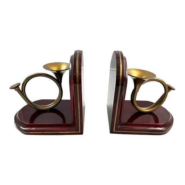 Vintage Wooden French Horn Brass Bookends-Pair For Sale