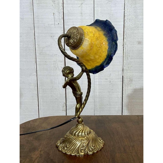 Bronze Lamp with Glass Paste Tulip Shade, 1970s For Sale - Image 4 of 11