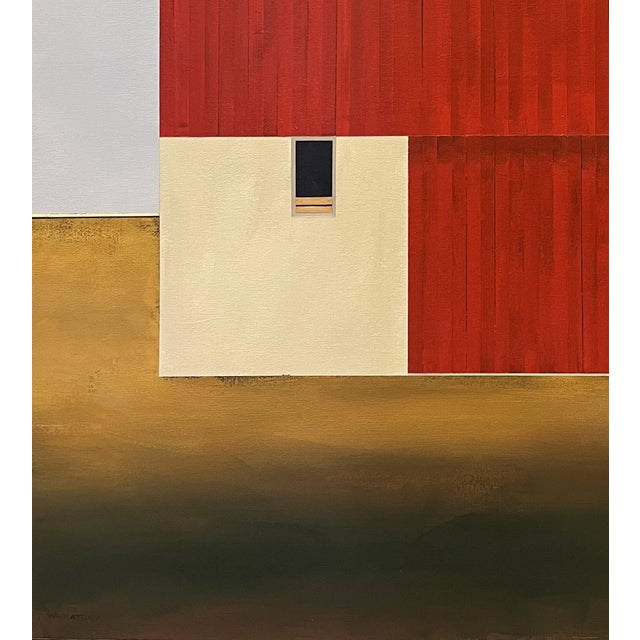 Old Red by Justin Wheatley | Acrylic on Canvas Red Barn With Ochre Field For Sale - Image 10 of 10