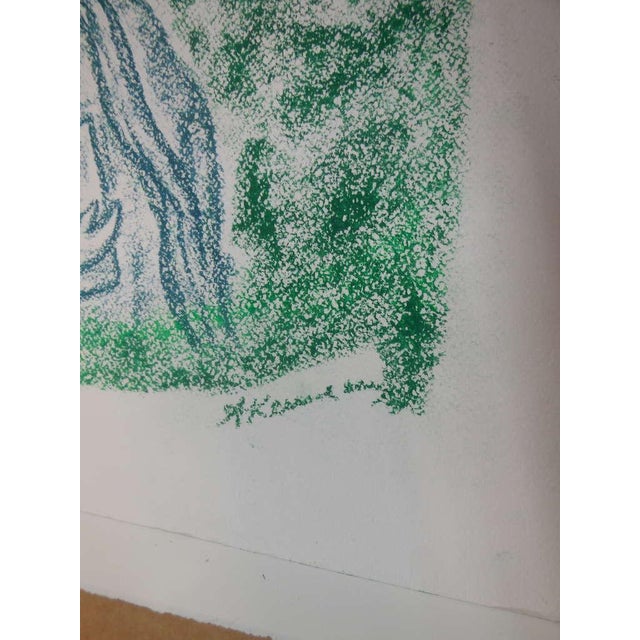 Pastel or Tempera on paper. Judaica Shtetl scene of village. A Jew with Talith and Tefillin in front of the Synagogue....