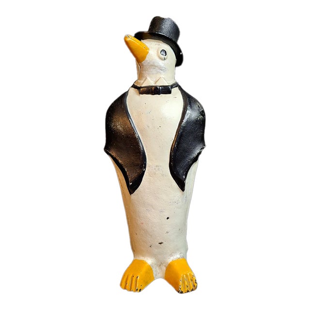 Antique Hubley #463 Cast Iron Dapper Penguin Top Hat Bow Tie Doorstop Circa 1930s For Sale