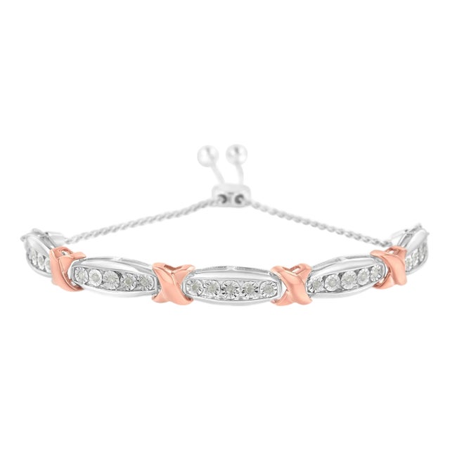 .925 Sterling Silver 1/4 Cttw Round-Cut Diamond X & Tapered Bar Miracle-Set Bolo Bracelet (I-J Color, I3 Clarity) - Two Tone Rose Gold & Silver For Sale