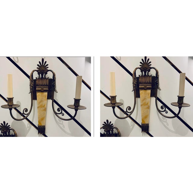 Metal Myran Allan Luxury Lighting Italian Empire Marble and Bronze Wall Sconces Pair For Sale - Image 7 of 7