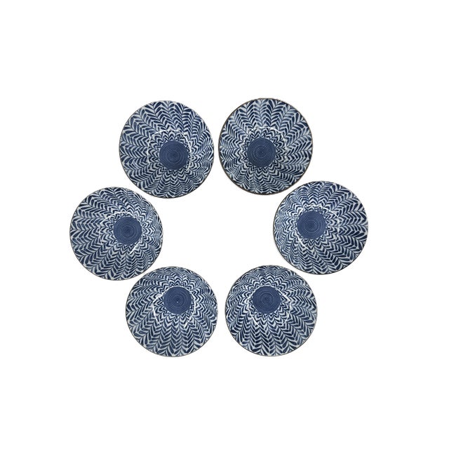 Japanese Hand Painted Blue & White Porcelain Soup Bowls With Botanical Leaf Pattern - Set of 6 For Sale - Image 9 of 10
