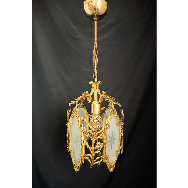 French Vintage Brass Chandelier Pendant Light French Style Floral Glass Ceiling Fixture For Sale - Image 3 of 12
