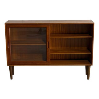 Vintage Danish Teak Bookcase Cabinet Mid Century Modern Sliding Glass Display Shelf For Sale