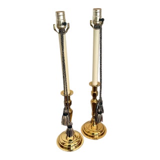 Late 20th Century Brass Candlestick Lamps With Tassels - Pair For Sale