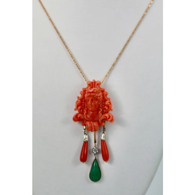 1960s Carved Coral Brooch Pendant with Coral Drops and Crystophase Drop For Sale In Los Angeles - Image 6 of 9