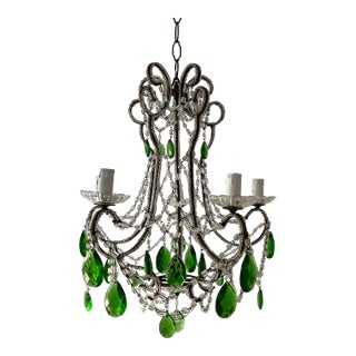 French Green Prisms Loaded Macaroni Beads Beaded Chandelier, 1920s For Sale