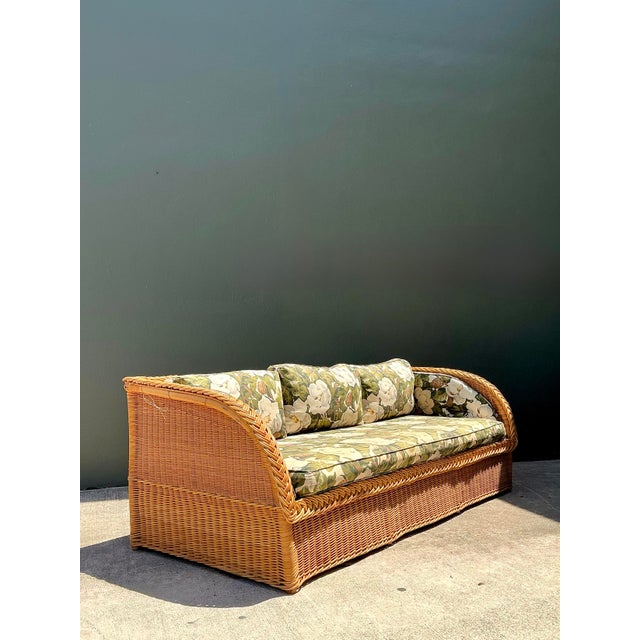 Vintage Braided Rattan Magnolia Print Sofa For Sale In West Palm - Image 6 of 12