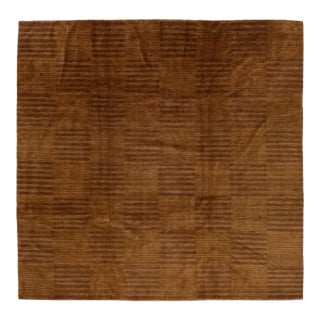 Modern Nepalese Tibetan Wool & Silk Rug With Minimalist Brown Stripes Design For Sale