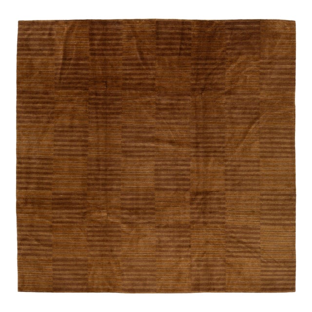 Modern Nepalese Tibetan Wool & Silk Rug With Minimalist Brown Stripes Design For Sale