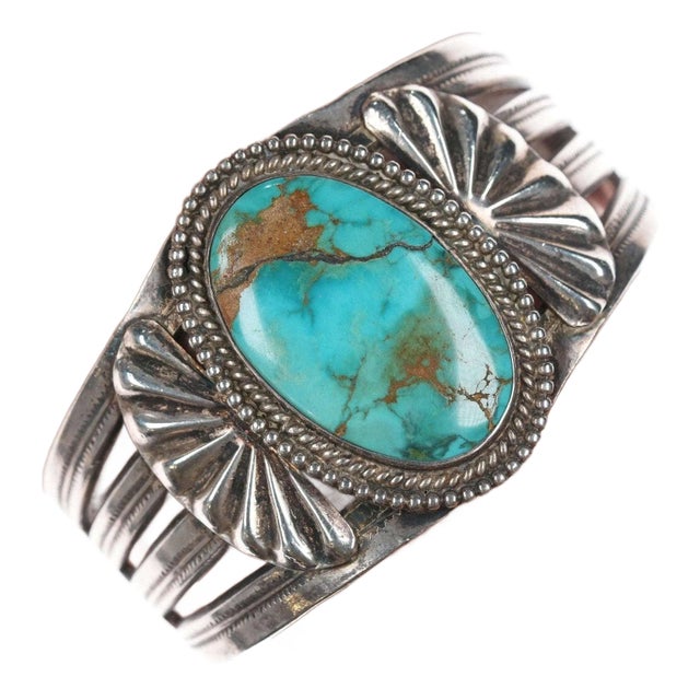 c1940 6 3/8" Navao Stamped silver and turquoise bracelet For Sale