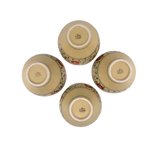 Set of 4 Bat Trang Vietnamese Ceramic Multipurpose Bowls With Hand Painted Botanical Motifs For Sale - Image 11 of 11