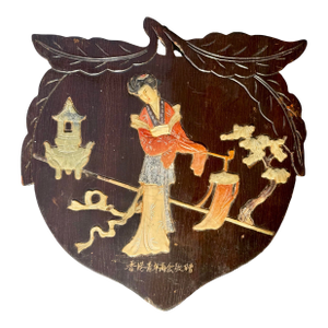 Vintage Chinese Black Lacquered Wood Wall Plaque With Stone Inlay of Woman & Lantern Scene
